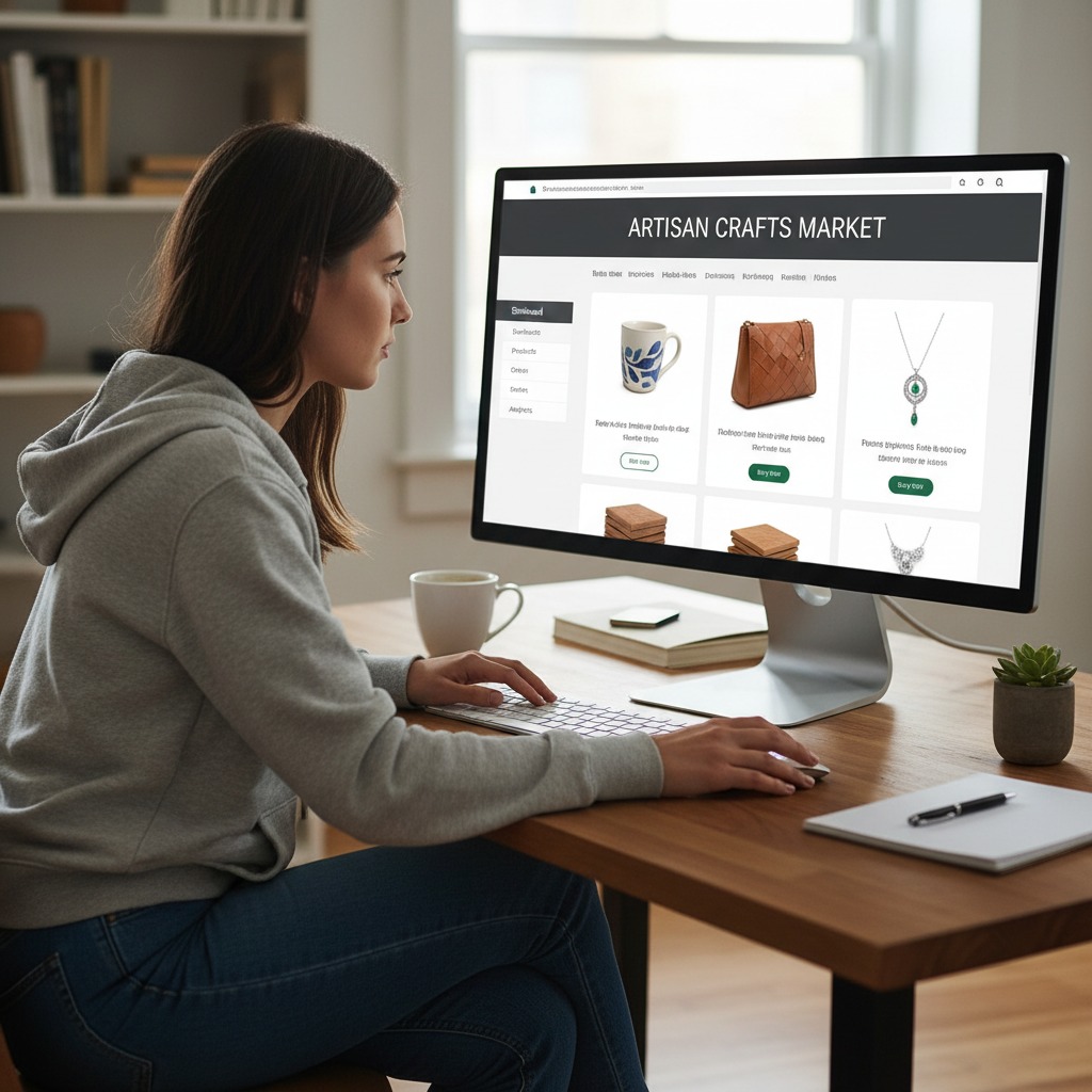 A woman wearing a gray hoodie sits at a wooden desk and browses an online artisan crafts market on a desktop computer.