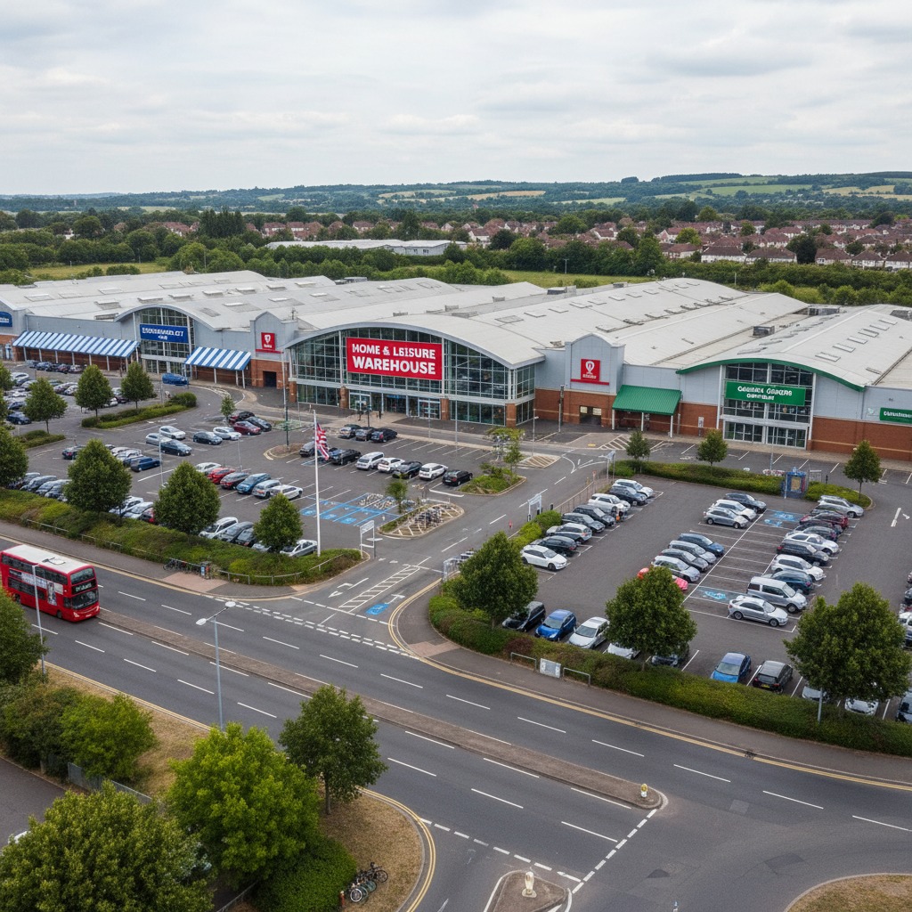 Aerial view of a retail park with several large stores, a busy parking lot, and a multilane road in the foreground.